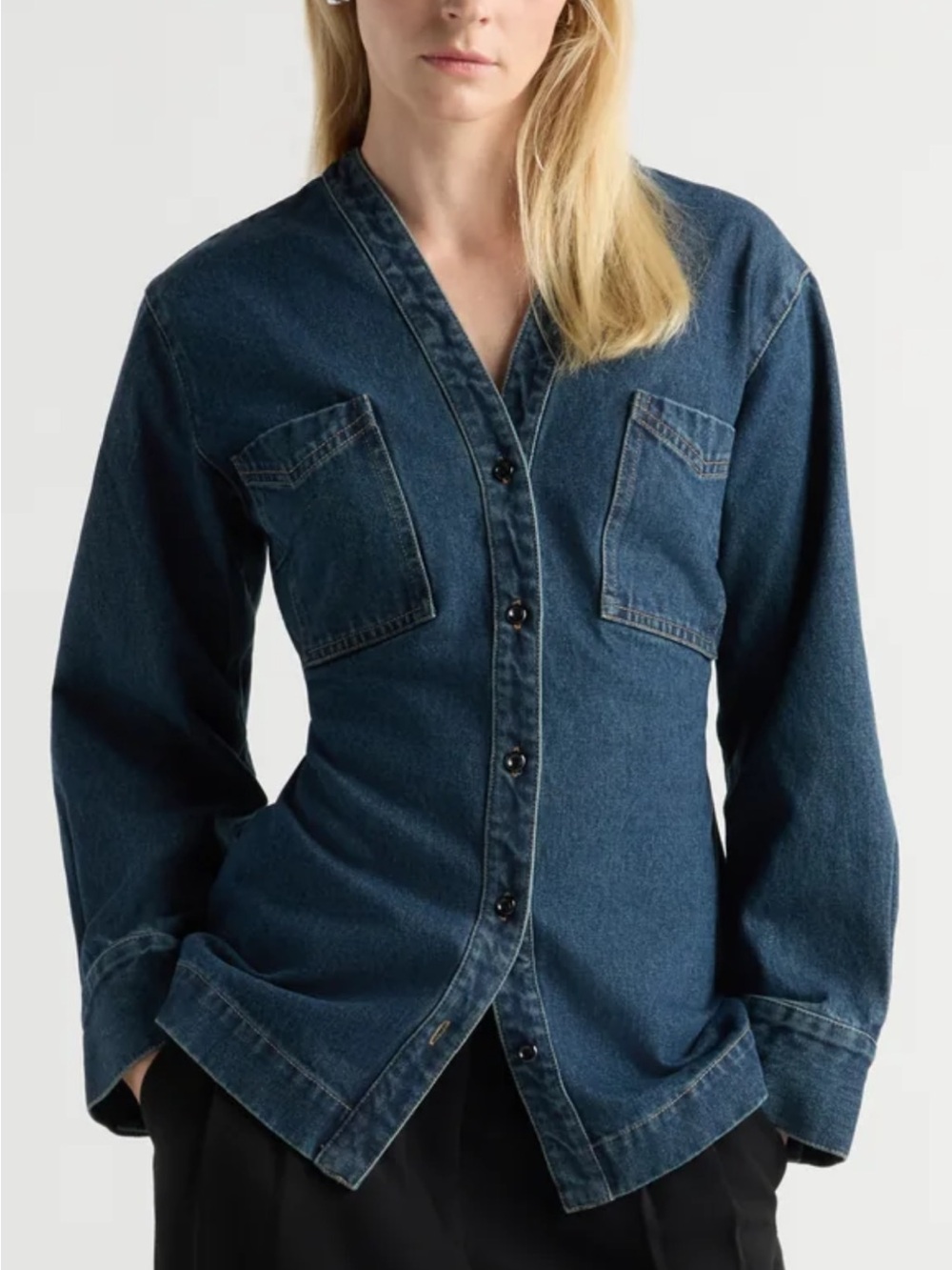 Modern Citizen V-Neck Denim Jacket in Medium Blue